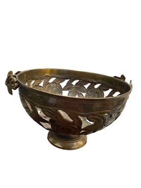 VTG solid brass pierced floral rose pedestal centerpiece bowl 6.5"x 10" SKU 9987